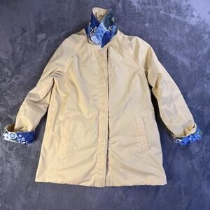 London Fog Womens M Reversible Car Coat Yellow Blue Floral Lining Jacket
